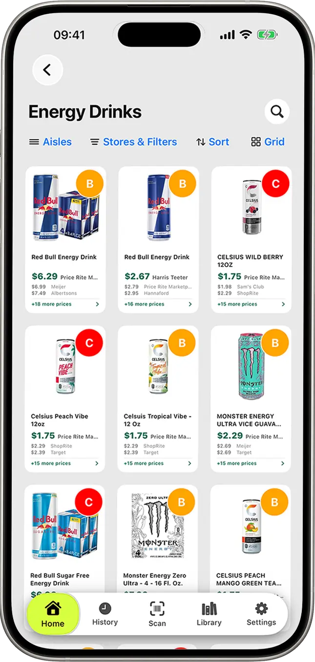 The Labeled app showing price comparisons for a product across nearby stores.