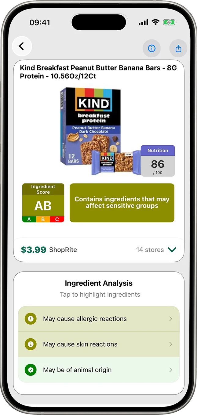 The Labeled app showing a product's ingredient score and where to find it cheapest.