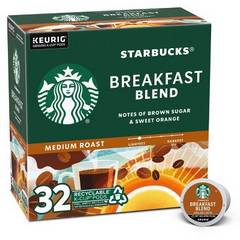 Starbucks Ground Medium Roast 100% Arabica K Cup Pods Breakfast Blend Coffee 32 0.44 oz ea 32 ea Box